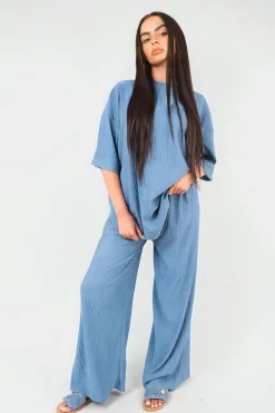 Denim Daniela Ribbed Oversized Top and Drawstring Wide Leg Trouser Co-ord Set<IKRUSH Online