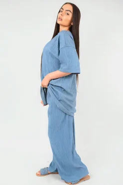 Denim Daniela Ribbed Oversized Top and Drawstring Wide Leg Trouser Co-ord Set<IKRUSH Online