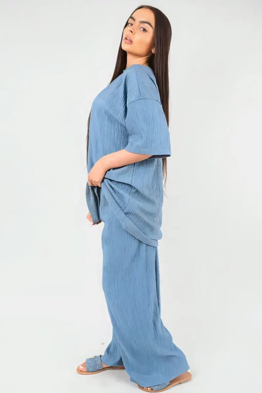 Denim Daniela Ribbed Oversized Top and Drawstring Wide Leg Trouser Co-ord Set<IKRUSH Online