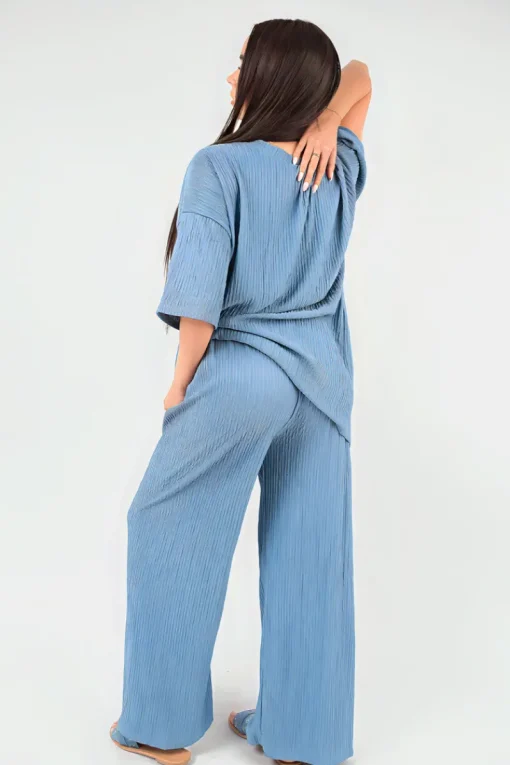 Denim Daniela Ribbed Oversized Top and Drawstring Wide Leg Trouser Co-ord Set<IKRUSH Online