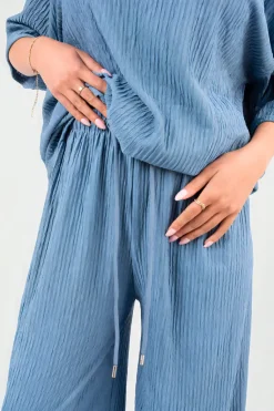 Denim Daniela Ribbed Oversized Top and Drawstring Wide Leg Trouser Co-ord Set<IKRUSH Online