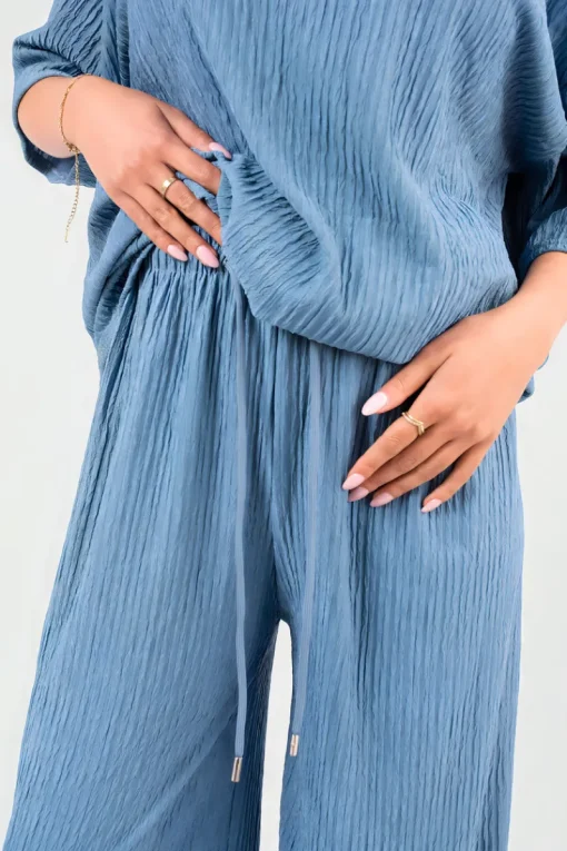 Denim Daniela Ribbed Oversized Top and Drawstring Wide Leg Trouser Co-ord Set<IKRUSH Online