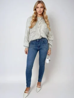 Denim Emilia Rhinestone Embellished Skinny Fit Mid Rise Jeans<IKRUSH Outlet