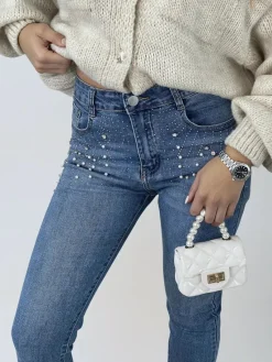 Denim Emilia Rhinestone Embellished Skinny Fit Mid Rise Jeans<IKRUSH Outlet
