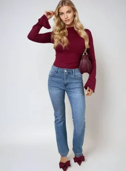 Denim Hazel Rhinestone Hem High Waist Flare Jeans<IKRUSH Online