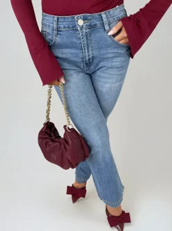 Denim Hazel Rhinestone Hem High Waist Flare Jeans<IKRUSH Online