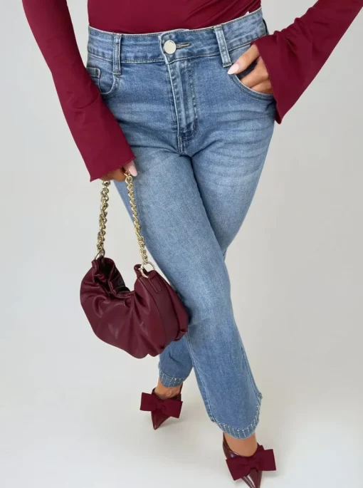 Denim Hazel Rhinestone Hem High Waist Flare Jeans<IKRUSH Online