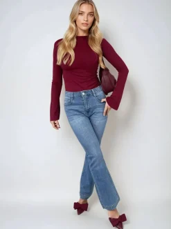 Denim Hazel Rhinestone Hem High Waist Flare Jeans<IKRUSH Online