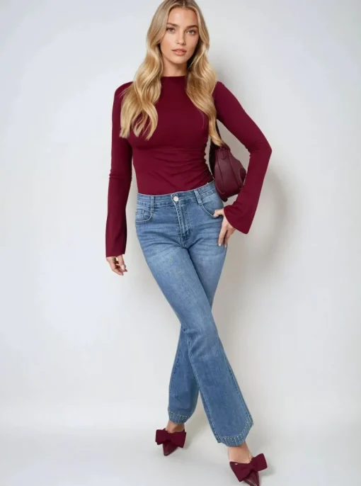Denim Hazel Rhinestone Hem High Waist Flare Jeans<IKRUSH Online