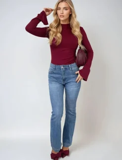 Denim Hazel Rhinestone Hem High Waist Flare Jeans<IKRUSH Online