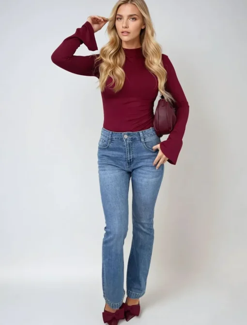 Denim Hazel Rhinestone Hem High Waist Flare Jeans<IKRUSH Online