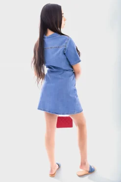 Denim Helen Collared Belted Button Down Denim Shirt Dress<IKRUSH Clearance