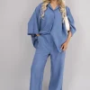 Denim Jade Button Down Long Sleeve Shirt and Wide Leg Trousers Co-ord Set<IKRUSH Fashion
