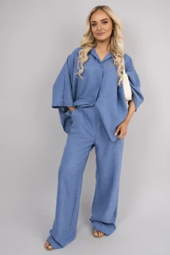Denim Jade Button Down Long Sleeve Shirt and Wide Leg Trousers Co-ord Set<IKRUSH Fashion