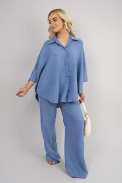 Denim Jade Button Down Long Sleeve Shirt and Wide Leg Trousers Co-ord Set<IKRUSH Fashion