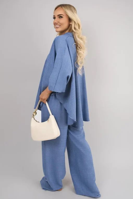 Denim Jade Button Down Long Sleeve Shirt and Wide Leg Trousers Co-ord Set<IKRUSH Fashion