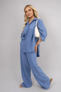 Denim Jade Button Down Long Sleeve Shirt and Wide Leg Trousers Co-ord Set<IKRUSH Fashion