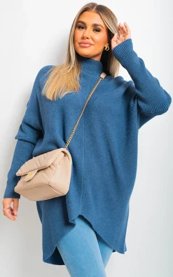 Denim Janiyah Turtle Neck Longline Knitted Jumper<IKRUSH Hot