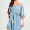 Denim Maja V-Neck Short Sleeve Midi Dress with Tassel Detail<IKRUSH Best
