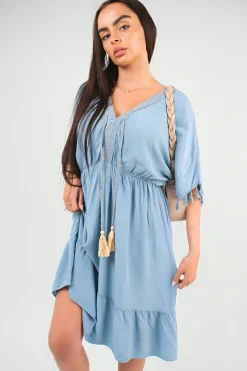 Denim Maja V-Neck Short Sleeve Midi Dress with Tassel Detail<IKRUSH Best