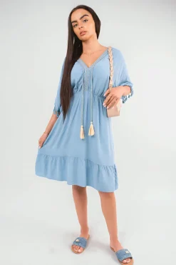 Denim Maja V-Neck Short Sleeve Midi Dress with Tassel Detail<IKRUSH Best