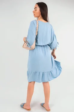 Denim Maja V-Neck Short Sleeve Midi Dress with Tassel Detail<IKRUSH Best