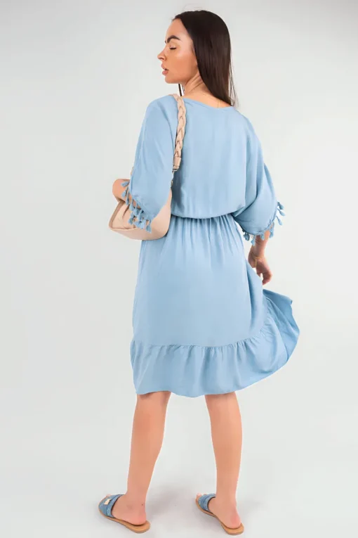 Denim Maja V-Neck Short Sleeve Midi Dress with Tassel Detail<IKRUSH Best