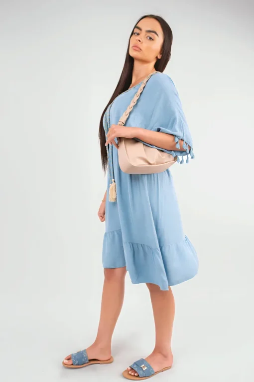 Denim Maja V-Neck Short Sleeve Midi Dress with Tassel Detail<IKRUSH Best