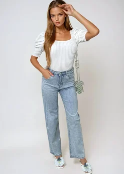Denim Melanie Diamond Pattern Embellished High Waisted Jeans<IKRUSH Sale