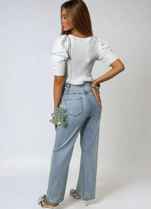 Denim Melanie Diamond Pattern Embellished High Waisted Jeans<IKRUSH Sale