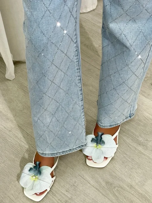 Denim Melanie Diamond Pattern Embellished High Waisted Jeans<IKRUSH Sale
