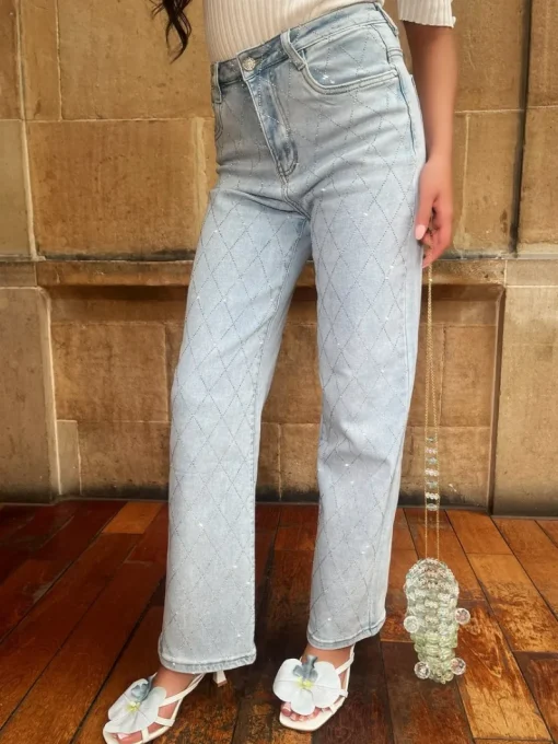 Denim Melanie Diamond Pattern Embellished High Waisted Jeans<IKRUSH Sale