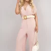 Dusty pink Ailina V Neck Short Sleeve Wide Leg Jumpsuit with Woven Belt<IKRUSH Hot