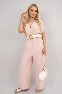 Dusty pink Ailina V Neck Short Sleeve Wide Leg Jumpsuit with Woven Belt<IKRUSH Hot