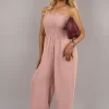 Dusty pink Blythe Strapless Shirred Bandeau Wide Leg Jumpsuit<IKRUSH Fashion