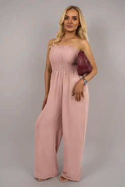 Dusty pink Blythe Strapless Shirred Bandeau Wide Leg Jumpsuit<IKRUSH Fashion