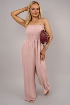 Dusty pink Blythe Strapless Shirred Bandeau Wide Leg Jumpsuit<IKRUSH Fashion