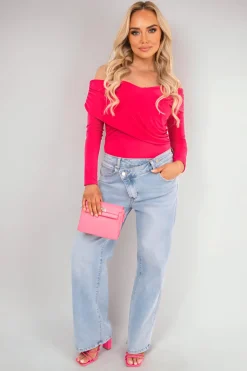 Fuschia Alora Off Shoulder Long Sleeve Bodysuit<IKRUSH Online