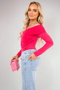 Fuschia Alora Off Shoulder Long Sleeve Bodysuit<IKRUSH Online