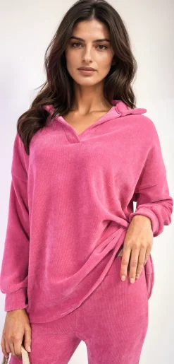 Fuschia Amelia Collared Long Sleeve & Trouser Co-ord Set<IKRUSH Clearance