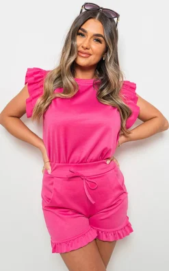 Fuschia Avie Plain Frill Peplum Sleeve Top Shorts Co-ord Set<IKRUSH Fashion