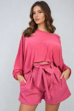 Fuschia Azalea High Waist Tie Belt Paper Bag Shorts<IKRUSH Best