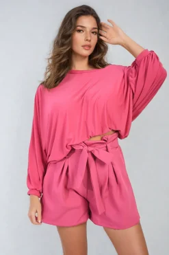 Fuschia Azalea High Waist Tie Belt Paper Bag Shorts<IKRUSH Best