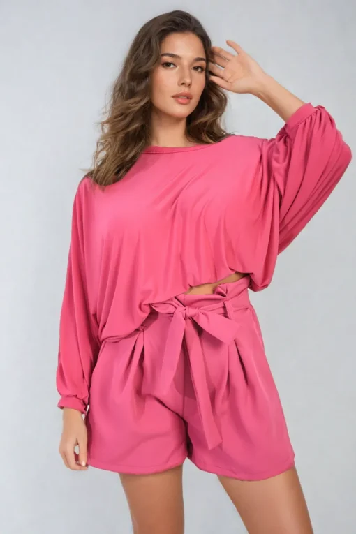 Fuschia Azalea High Waist Tie Belt Paper Bag Shorts<IKRUSH Best