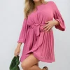 Fuschia Carmen Pleated Tie Waist Mini Dress<IKRUSH Best