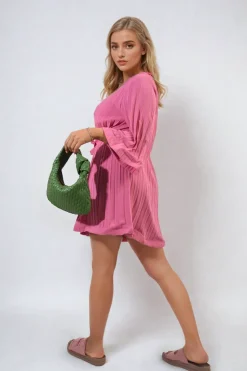 Fuschia Carmen Pleated Tie Waist Mini Dress<IKRUSH Best