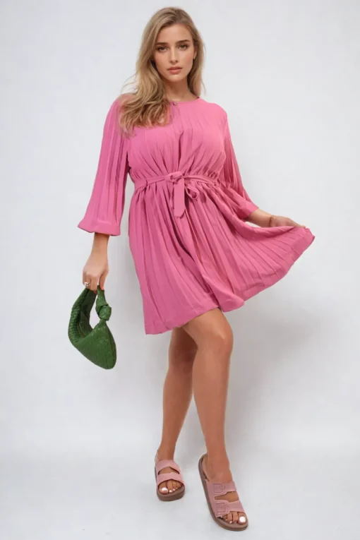 Fuschia Carmen Pleated Tie Waist Mini Dress<IKRUSH Best