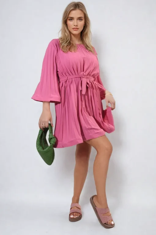 Fuschia Carmen Pleated Tie Waist Mini Dress<IKRUSH Best