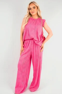Fuschia Corah Textured Frill Sleeve Top & Wide Leg Trouser Co-ord Set<IKRUSH Best