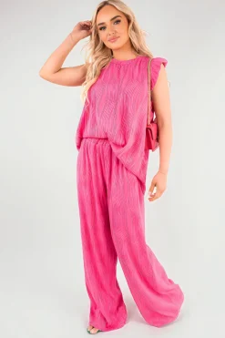 Fuschia Corah Textured Frill Sleeve Top & Wide Leg Trouser Co-ord Set<IKRUSH Best